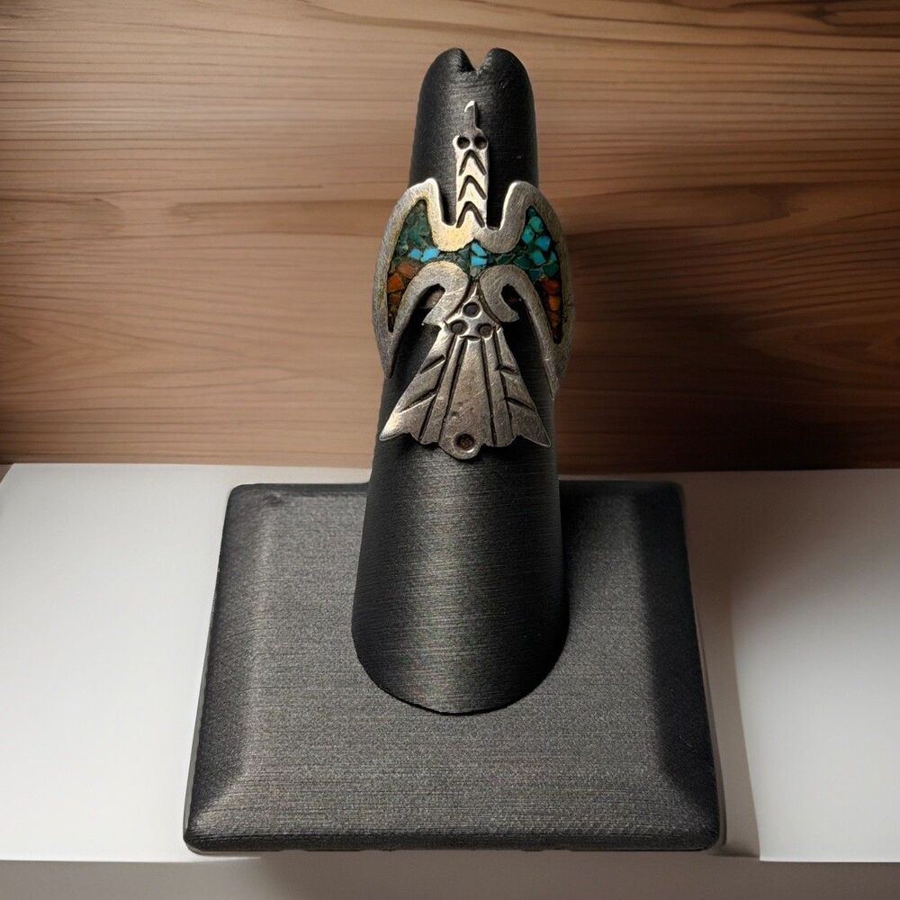Vintage Native Signed JD Thunderbird Inlay Size 5.5 Sterling Silver Ring